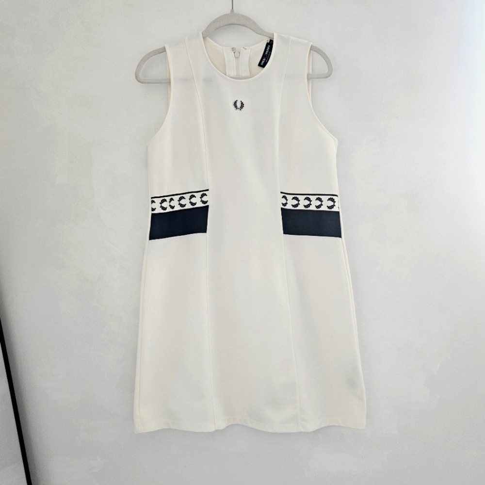 Fred Perry Sportswear White With Navy Crew Sleeveless A-Line Dress